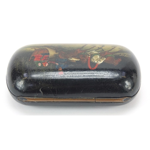 297 - Russian black lacquered papier mache cigarette case hand painted with a Troika, 10cm wide