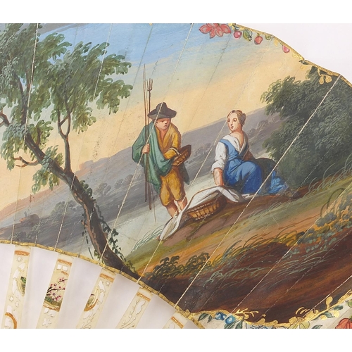 312 - 19th century ivory hand painted fan depicting fishermen on a riverbank, the fan 50cm wide when opene... 