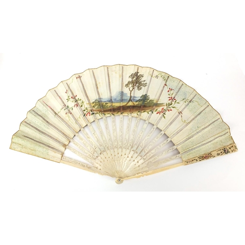 312 - 19th century ivory hand painted fan depicting fishermen on a riverbank, the fan 50cm wide when opene... 