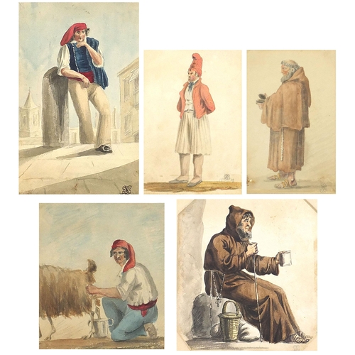 462 - Monks and peasants, five early 19th century Italian watercolours, each indistinctly monogrammed, mou... 