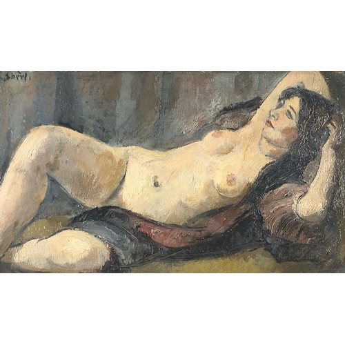 448 - Frantisek Zdenek Eberl - Semi nude reclining female, Impressionist oil on board, French C Gadin labe... 