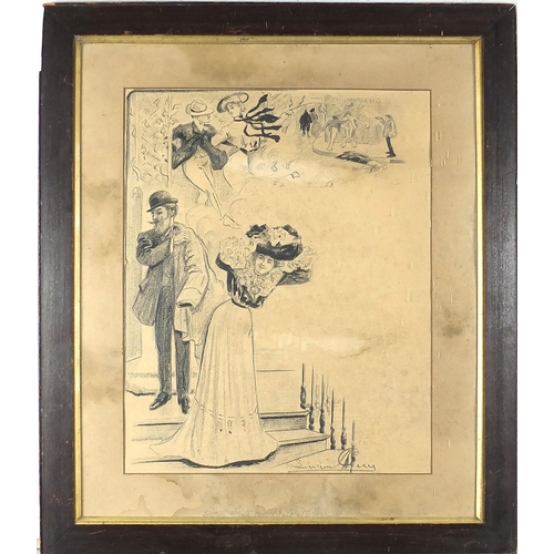 678 - Lucien Guy - Edwardian fashion drawing, chalk/charcoal, mounted, framed and glazed, 43cm x 34cm excl... 