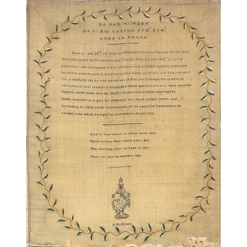 313 - Early 19th century embroidered mourning sampler for John Cannon, unframed, 44cm x 34.5cm
