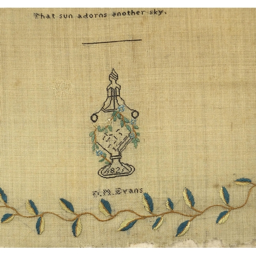 313 - Early 19th century embroidered mourning sampler for John Cannon, unframed, 44cm x 34.5cm