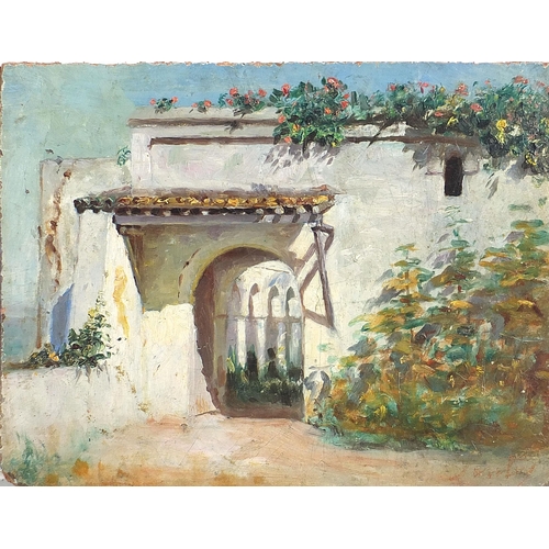 672 - Joseph Sintes - Villa Abdeltif, Algerian oil on board, unframed, 25cm x 19cm