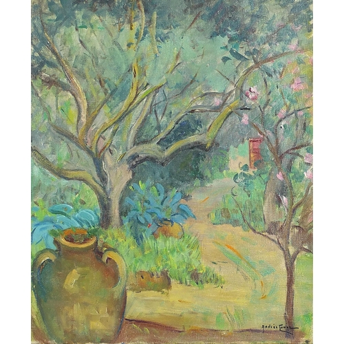 674 - Andree Conne - Jardin a Tipaza, Algerian Impressionist oil on canvas, unframed, 45.5cm x 38cm