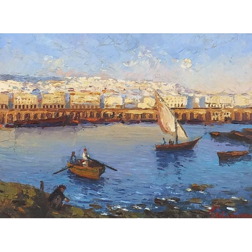 666 - Mohamed Schanine 1914 - Baie D'Alger, Algerian oil on board, mounted and framed, 31cm x 23cm excludi... 