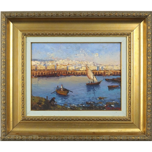 666 - Mohamed Schanine 1914 - Baie D'Alger, Algerian oil on board, mounted and framed, 31cm x 23cm excludi... 