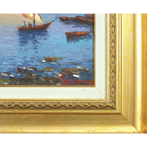 666 - Mohamed Schanine 1914 - Baie D'Alger, Algerian oil on board, mounted and framed, 31cm x 23cm excludi... 