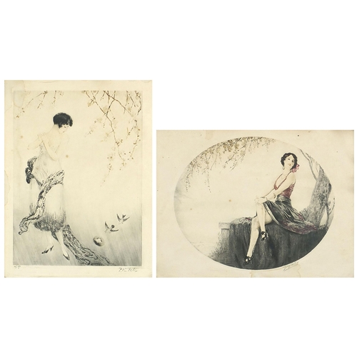 461 - Paul Emile Felix - Females and flowers, pair of signed Art Deco etchings in colour, framed and glaze... 