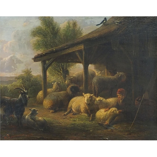 501 - Jan Van Ravenswaay - Farm scene with young boy and sheep, 19th century Dutch school oil on wood pane... 