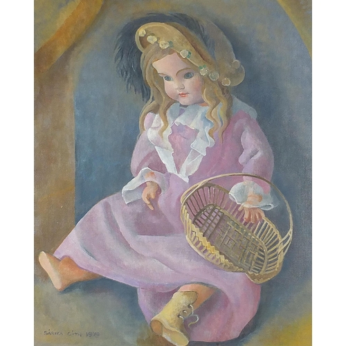 662 - Sarika Goth 1970 - Doll holding a basket, oil on canvas, mounted and framed, 59cm x 49cm excluding t... 