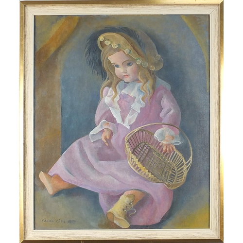 662 - Sarika Goth 1970 - Doll holding a basket, oil on canvas, mounted and framed, 59cm x 49cm excluding t... 