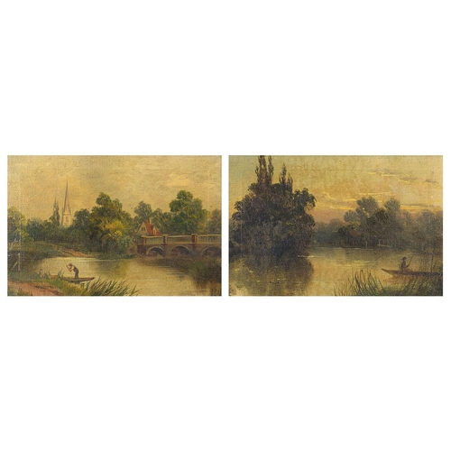 670 - River landscapes with figures on boats, pair of 19th century oil on canvasses, each signed J Lewis, ... 