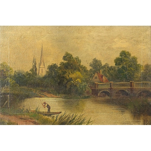 670 - River landscapes with figures on boats, pair of 19th century oil on canvasses, each signed J Lewis, ... 