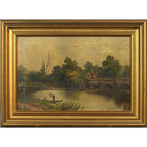 670 - River landscapes with figures on boats, pair of 19th century oil on canvasses, each signed J Lewis, ... 