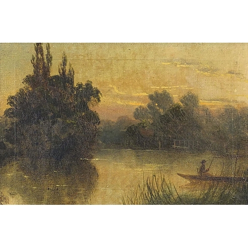 670 - River landscapes with figures on boats, pair of 19th century oil on canvasses, each signed J Lewis, ... 