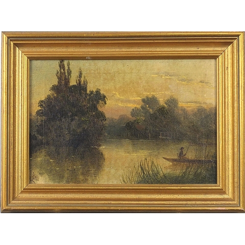 670 - River landscapes with figures on boats, pair of 19th century oil on canvasses, each signed J Lewis, ... 