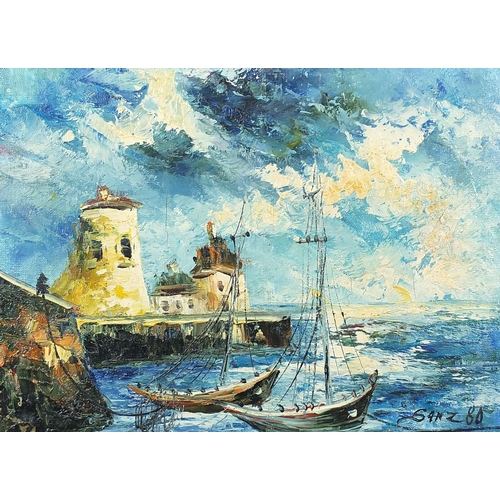 1632 - Moored fishing boats before lighthouses, pair of continental school oil on canvasses, each signed Sa... 