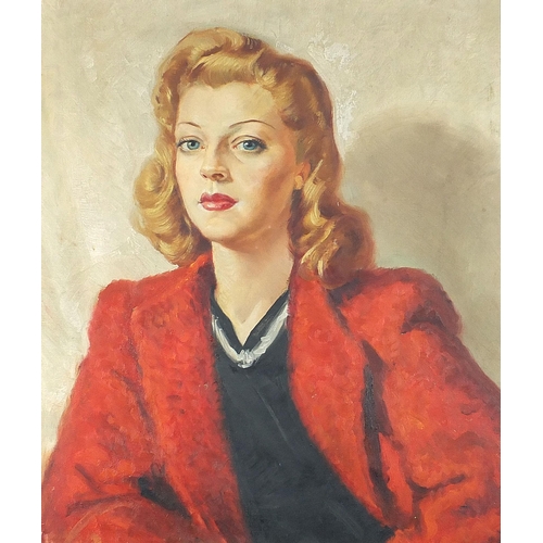 659 - Head and shoulders portrait of a female wearing a red blazer, oil on canvas, C Roberson & Co stamp v... 