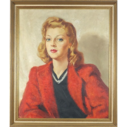 659 - Head and shoulders portrait of a female wearing a red blazer, oil on canvas, C Roberson & Co stamp v... 