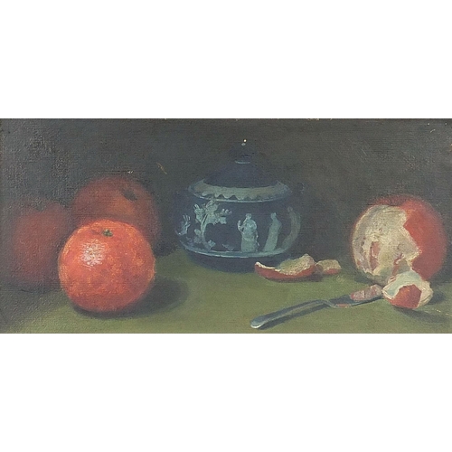 663 - Still life fruit and Wedgwood Jasperware pot, oil on canvas board, mounted and framed, 37.5cm x 17.5... 