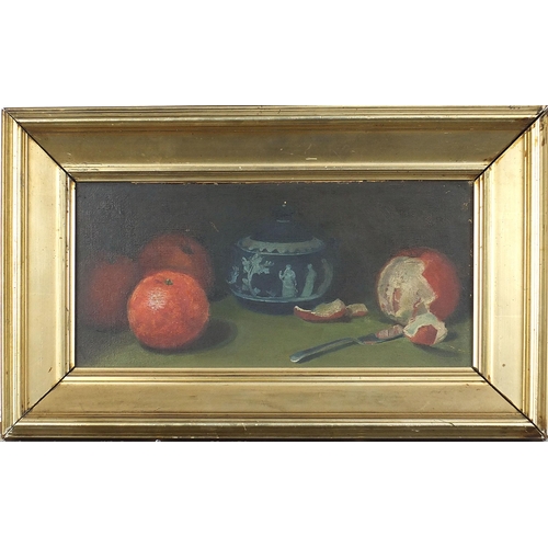 663 - Still life fruit and Wedgwood Jasperware pot, oil on canvas board, mounted and framed, 37.5cm x 17.5... 