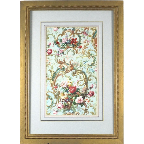 467 - Floral pattern with roses, French watercolour on card, indistinct French stamp verso, mounted and fr... 