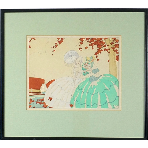 684 - Females in antique dress before landscapes, two Art Deco gouaches, one indistinctly signed, possibly... 