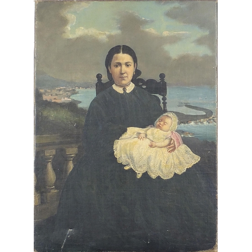 486 - Lucien Lévy-Dhurmer Mother and child before a landscape, 19th century oil on canvas, unframed, 56cm ... 