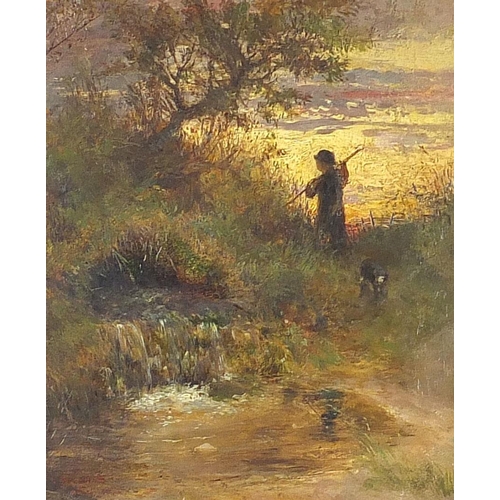 498 - Figure and dog beside water, antique oil on board, indistinctly signed, possibly ... Lewis?, mounted... 