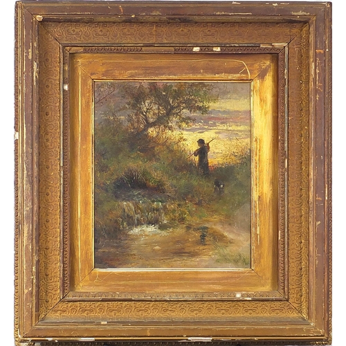 498 - Figure and dog beside water, antique oil on board, indistinctly signed, possibly ... Lewis?, mounted... 