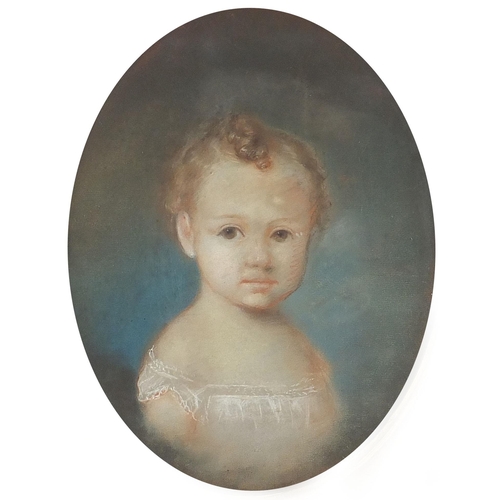 460 - Head and shoulders portrait of a young girl, oval pastel, mounted and framed, 45cm x 35cm excluding ... 