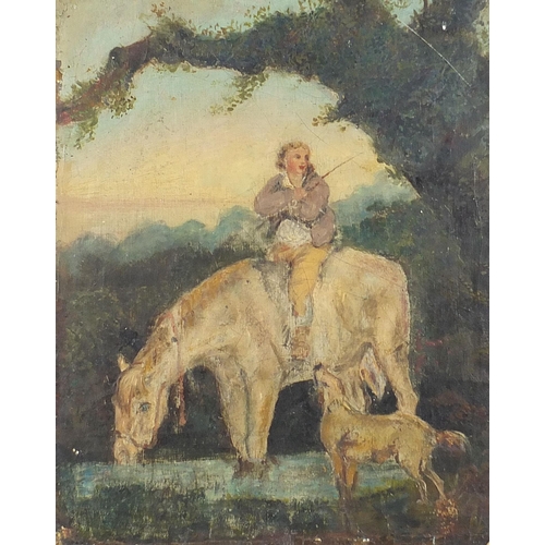 471 - Figure on horseback with a dog beside water, antique primitive oil on canvas, unframed, 44cm x 34cm