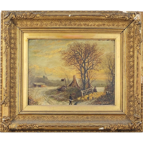 475 - Sheep and figures before a cottage and windmill, 19th century oil on card, mounted and framed, 29cm ... 