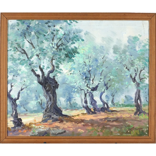 472 - Wooded landscape, continental oil on canvas, possibly South African or Australian, indistinctly sign... 