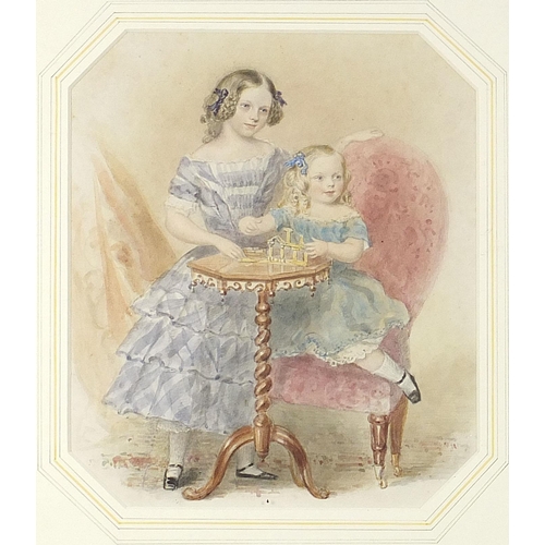 474 - Two children playing at a table, 19th century watercolour, mounted framed and glazed, 24.5cm x 20.5c... 