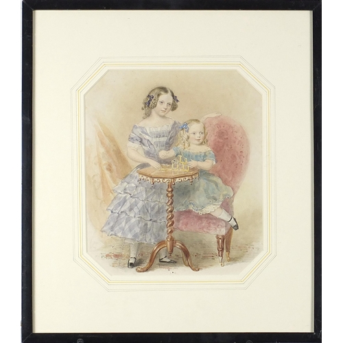 474 - Two children playing at a table, 19th century watercolour, mounted framed and glazed, 24.5cm x 20.5c... 