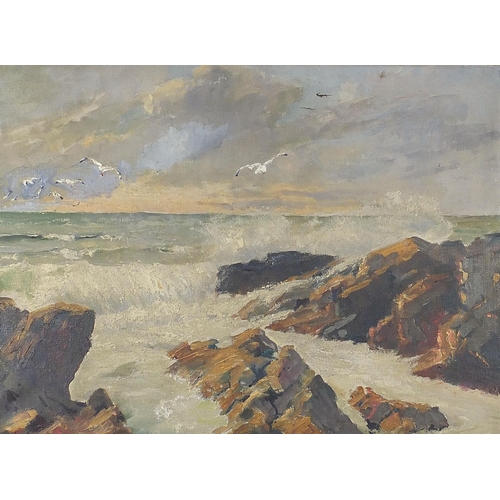 496 - Rocky coastal scene with seagulls, oil on canvas, framed, 59cm x 44cm excluding the frame