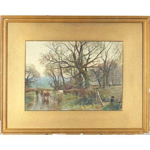 503 - Henry Charles Fox - Figure and cattle before woodland, late 19th/early 20th century watercolour, mou... 
