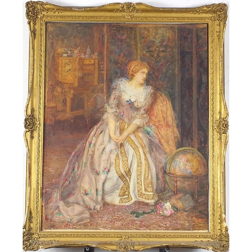 470 - Seated lady in an interior beside a globe, Pre-Raphaelite watercolour, mounted, framed and glazed, 5... 