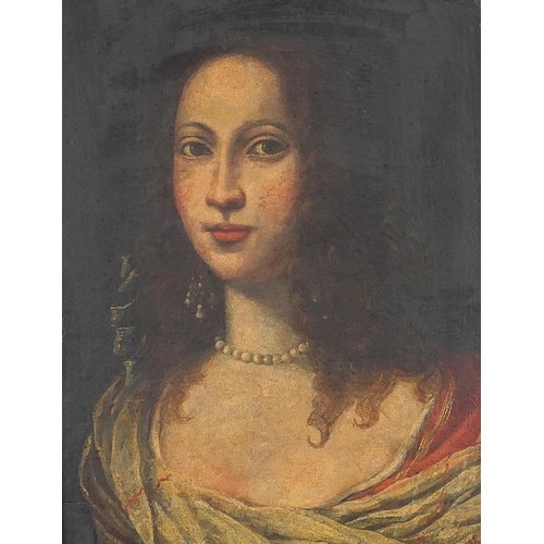 483 - Head and shoulders portrait of a female wearing 17th century dress, antique Old Master oil on canvas... 