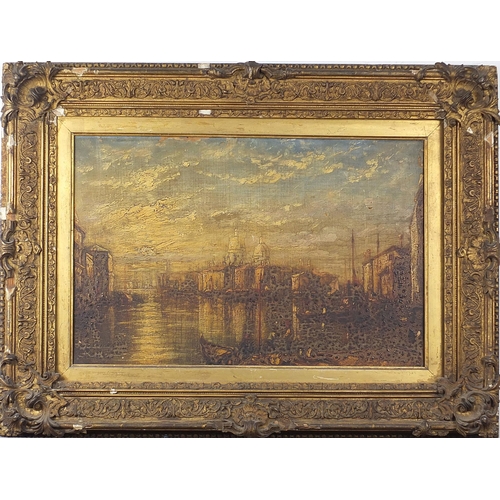 482 - Manner of Canaletto - Venetian canal with gondolas, antique oil on canvas, mounted and framed, 52cm ... 