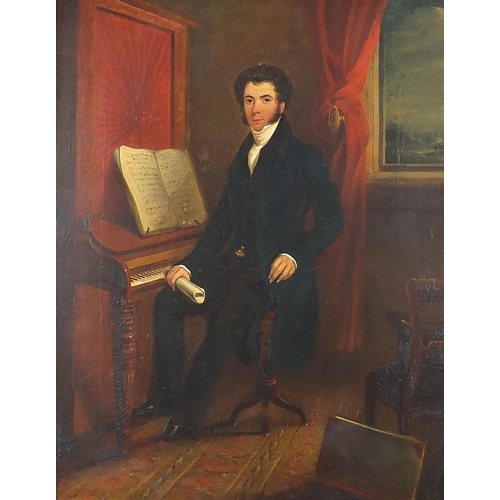 484 - Full length portrait of a seated gentleman beside a piano, early 19th century oil on canvas, mounted... 