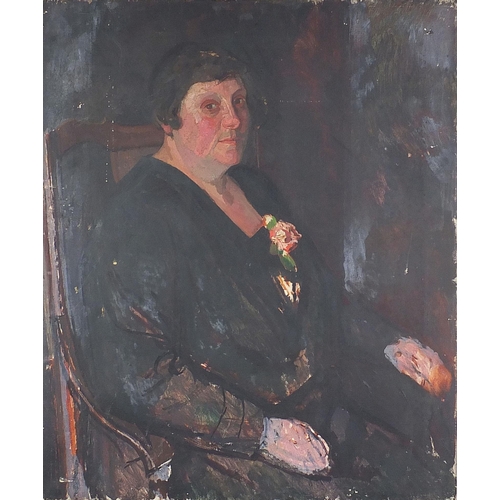 481 - Half length portrait of a seated lady wearing a black dress, 20th century oil on canvas, unframed, 7... 