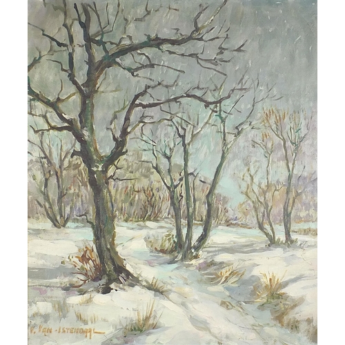 485 - Winter landscape with trees, oil on canvas, indistinctly signed, possibly V Van Istenaggl?, mounted ... 
