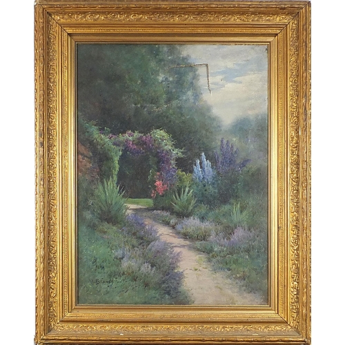 643 - Alfred de Breanski Jnr - Larkspur and Clemalis, oil on canvas, mounted and framed, 55cm x 40cm exclu... 