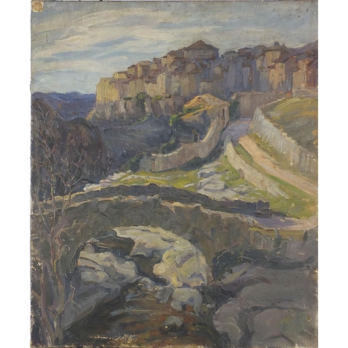 487 - Continental landscape with bridge, oil on canvas, unframed, 64.5cm x 54cm