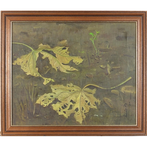 494 - Leaves, Japanese school oil on canvas, indistinctly monogrammed, mounted and framed, 44cm x 36cm exc... 