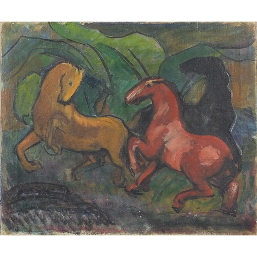 490 - Surreal composition, horses, oil on canvas, unframed, 45.5cm x 38cm